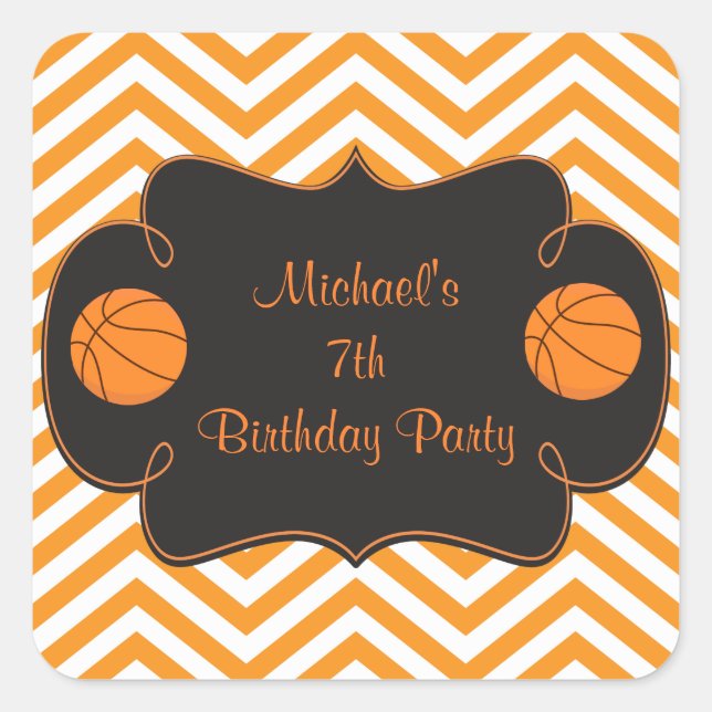 Basketball Sports Orange Birthday Quadratischer Aufkleber (Vorderseite)