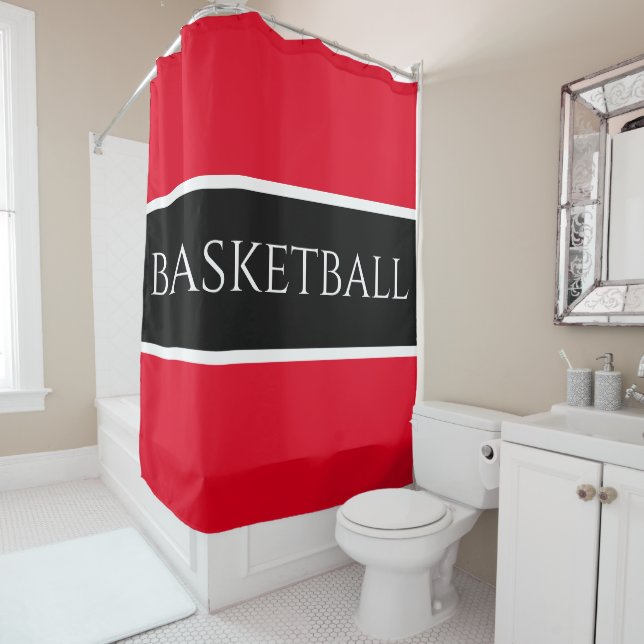 BASKETBALL Sporty Bright Red Schwarz-weiß Stripes Duschvorhang (Beispiel)