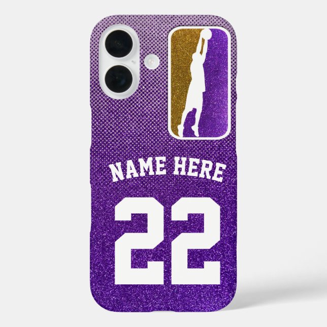 Basketball-Team lila und Gold Glitzer Jersey iPhone 16 Hülle (Rückseite)