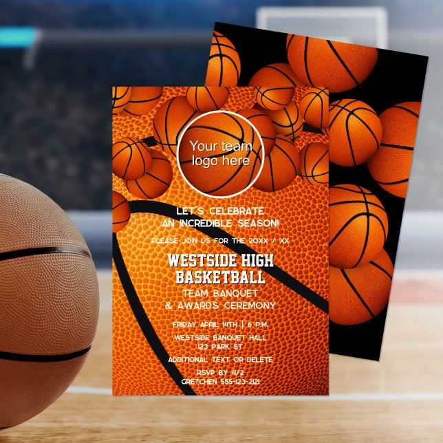 Basketball-Team Logo Ende der Saison Preisverleihu Einladung (Basketball team party invitation, front & back views)