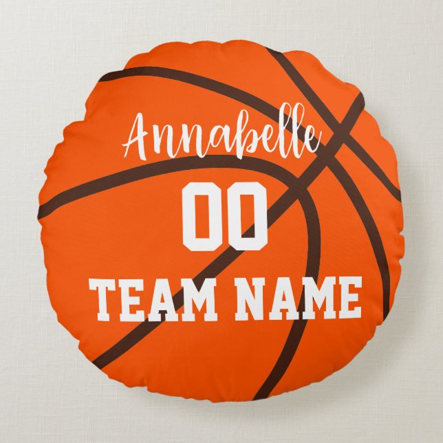 Basketball Team Name Spielernummer und Name Runde  Rundes Kissen (Vorderseite)