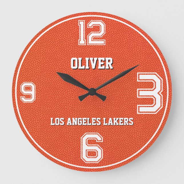 Basketball Textured Sports Custom Name Team Große Wanduhr (Vorderseite)