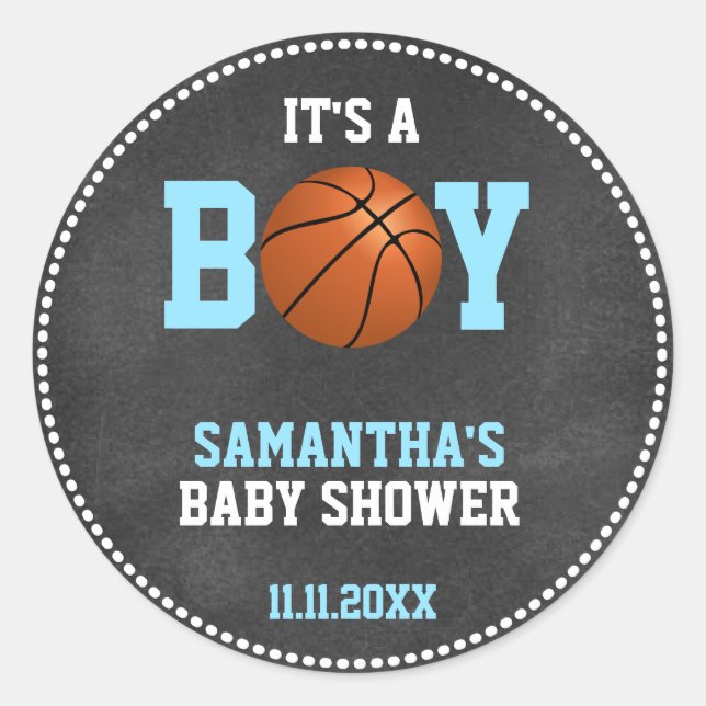 Basketball Theme Baby Dusche Halbpension Boy Runder Aufkleber (Vorderseite)