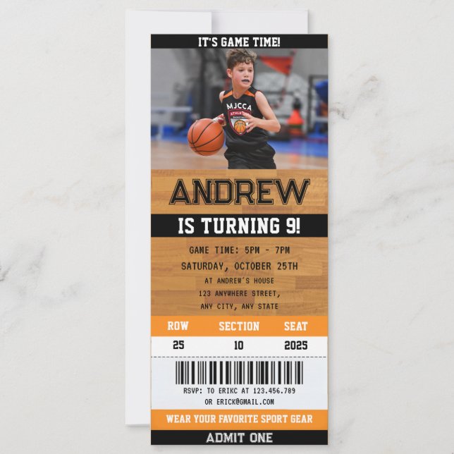 Basketball Ticket Geburtstag Einladung mit Foto (Vorderseite)