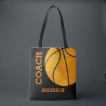 Basketball-Trainer-personalisierter Sport Vintages Tasche<br><div class="desc">Basketball-Trainer-personalisierter Sport-Vintage Retro Taschen-Tasche. Schwarzer Hintergrund mit orange Basketball. Trainer vertikal horizontal geschrieben und Nachname. Entwurf auf beiden Seiten. Fertigen Sie zur Änderungshintergrundfarbe vom Schwarzen zu jeder möglicher anderen Farbe besonders an. Großes Geschenk für Ihren Basketball-Trainer. Basketballsport - themed Taschentasche.</div>