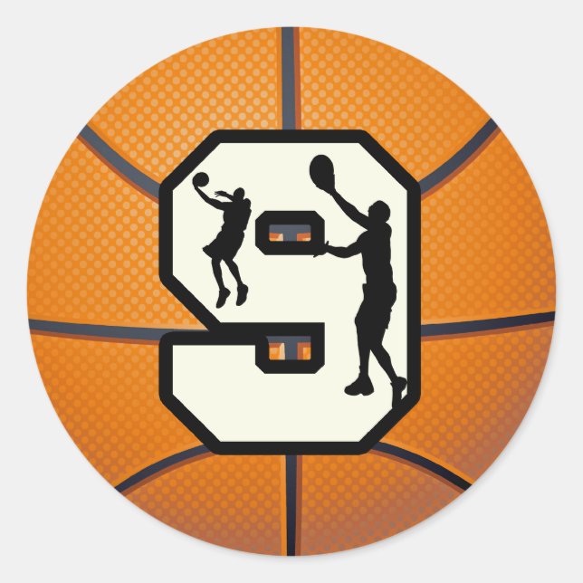 Basketball und Spieler der Nr.-9 Runder Aufkleber (Vorderseite)