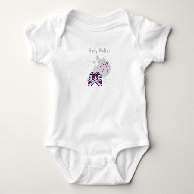 Basketball und Turnschuhe, grau und rosa, Baby-Bod Baby Strampler (Vorderseite)