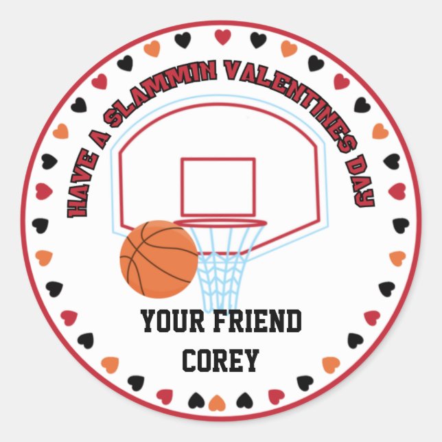 Basketball Valentine Klasse Personalisiert Name Runder Aufkleber (Vorderseite)