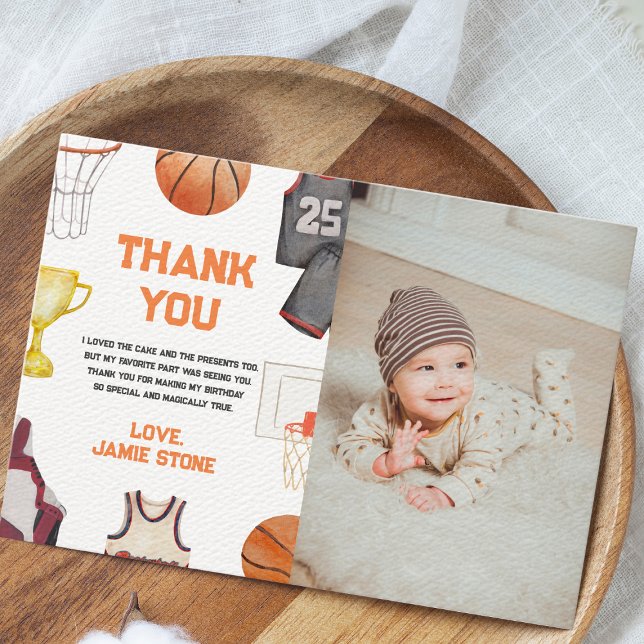 Basketball Wasserfarben Boys 1. Geburtstag Dankeskarte (Basketball 1st birthday thank you card)