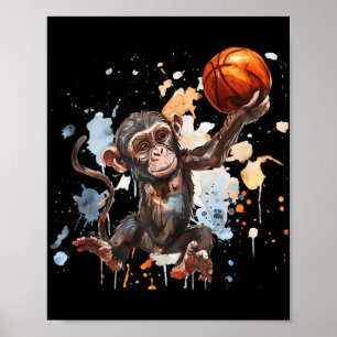 Basketball Wasserfarben Kunstwerk Niedlicher Affe Poster