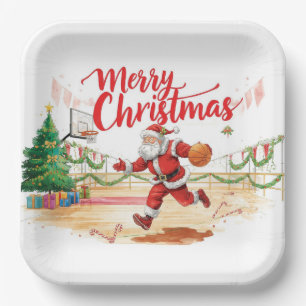 Basketball-Weihnachten mit Santa beim Spielen auf Pappteller