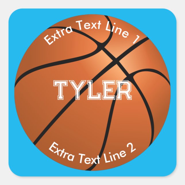 Basketball, weißer Name, 2 Textzeilen, Sky Blue Quadratischer Aufkleber (Vorderseite)