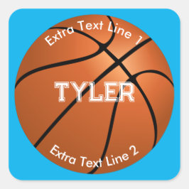Basketball, weißer Name, 2 Textzeilen, Sky Blue Quadratischer Aufkleber