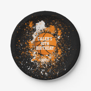 Basketballgrunge-Farben-Spritzer-orange Schwarzes Pappteller