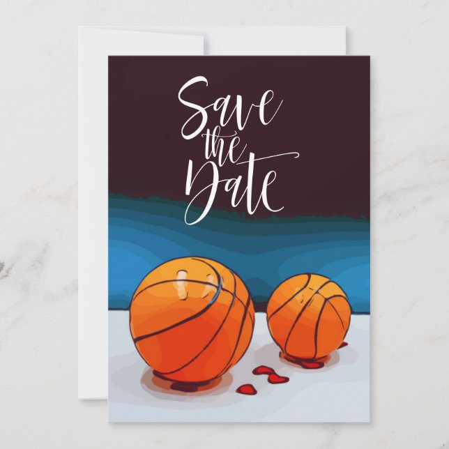 Basketballhochzeit mit Liebe auf blauem Hintergrun Einladung (Vorderseite)