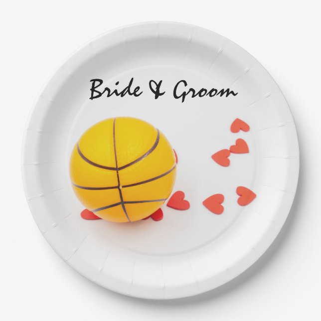 Basketballhochzeit mit Liebe-Rot-Herz auf Weiß Pappteller (Vorderseite)