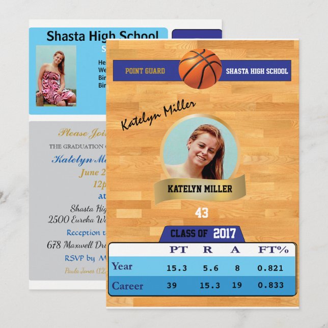 Basketballkarte W/ Stats Grad Einladungen - blau (Vorne/Hinten)