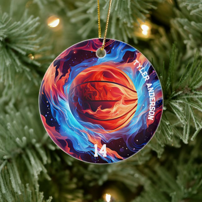 Basketballname und Spielernummer Feuer und Eis Keramik Ornament (Baum)