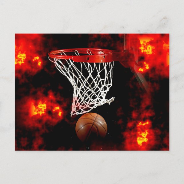 Basketballnetz, Ball & Flames Postkarte (Vorderseite)