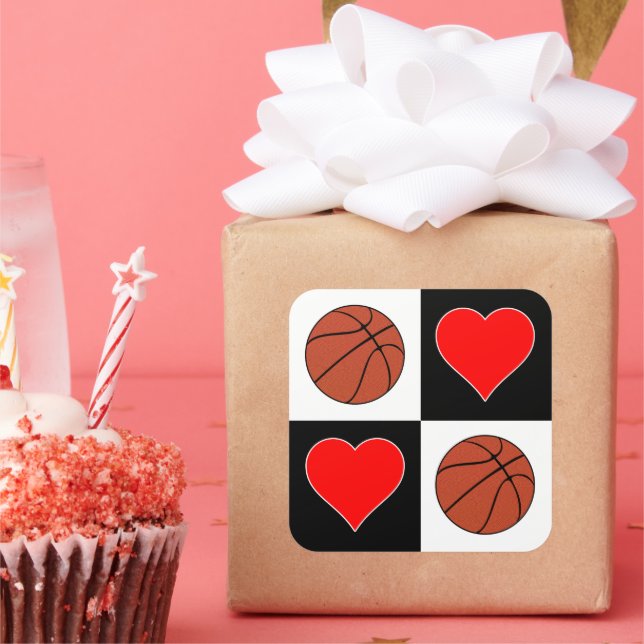 Basketballs & Herz Niedliches Muster Quadratischer Aufkleber (Party)