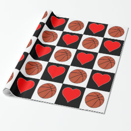 Basketballs & Herz Schwarz-Weiß-Schachbrett-Muster Geschenkpapier