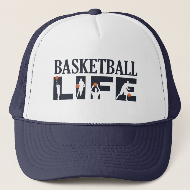 Basketballspielerin, die mit orangefarbenem Ball t Truckerkappe (Vorderseite)