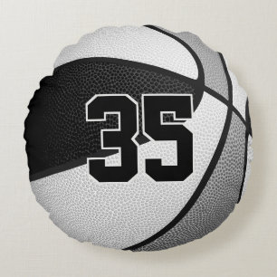 Basketballsportdekor in schwarz-grauen Mannschafts Rundes Kissen