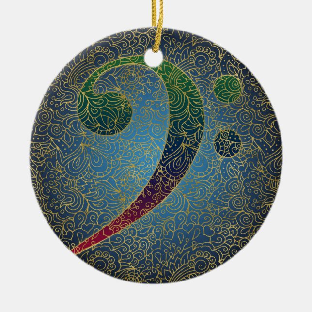 Bass Clef Gold Filigree - Farbenfrohe Musik Keramik Ornament (Vorne)