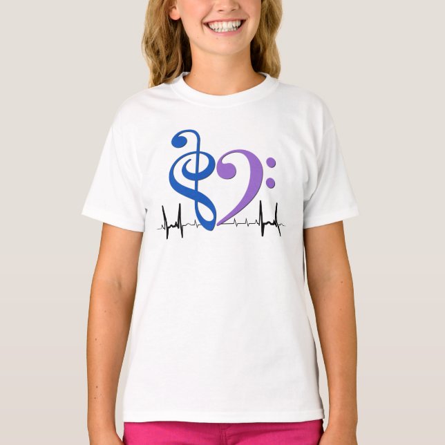 Bass Clef Heart EKG Waves Blue & Amethyst T-Shirt (Vorderseite)