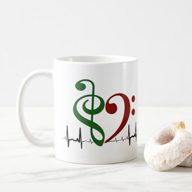 Bass Clef Heart EKG Waves Green & Ruby Red Kaffeetasse (Mit Donut)