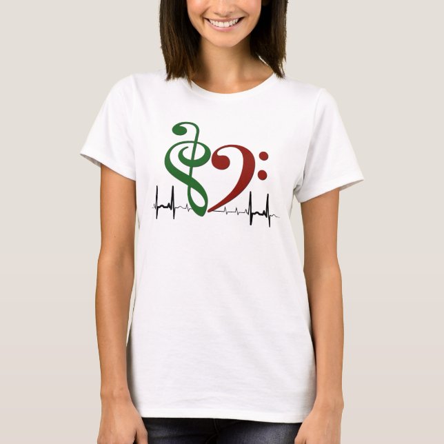 Bass Clef Heart EKG Waves Green & Ruby Red T-Shirt (Vorderseite)