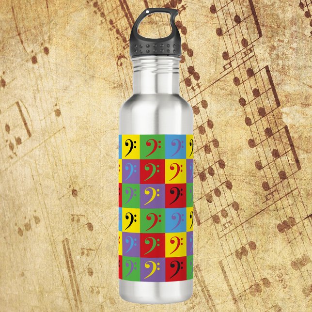Bass Clef Rainbow Pop Art Pattern Edelstahlflasche (A water bottle with a pop art pattern of bass clef symbols.)