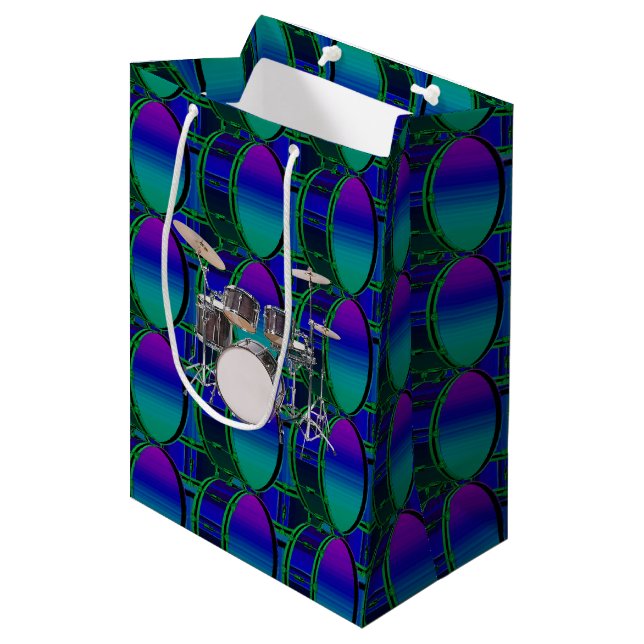 Bass Drums und Set Shades Blue Pattern Geschenktas Mittlere Geschenktüte (Vorderseite Schrägansicht)