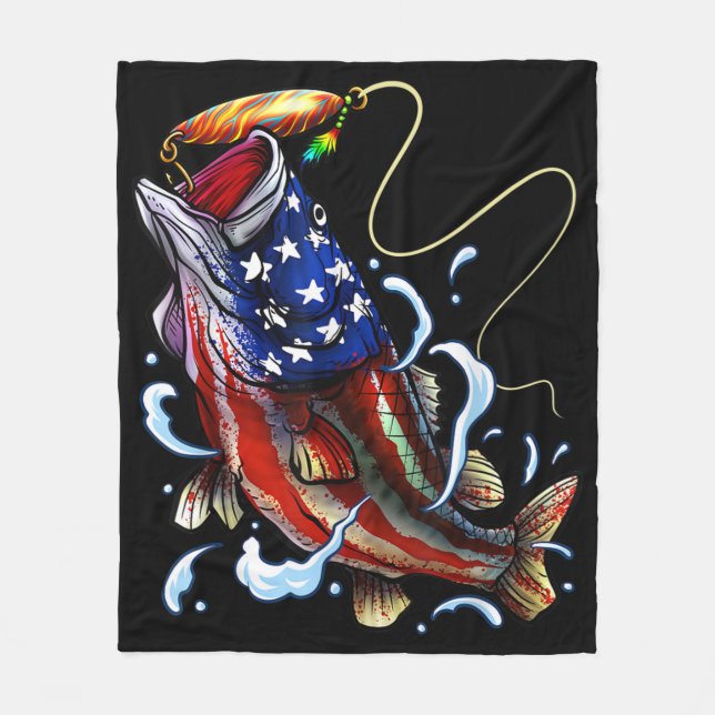 Bass Fish American Flag Patriotic Fishing Fleecedecke (Vorderseite)
