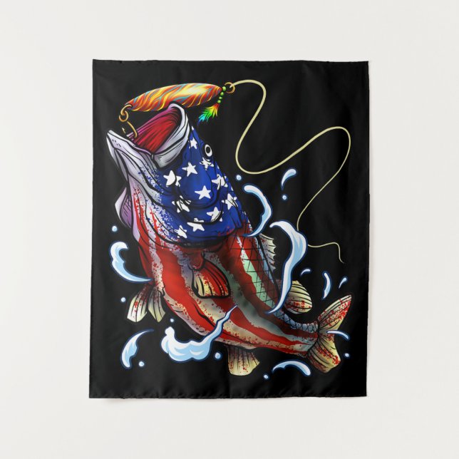 Bass Fish American Flag Patriotic Fishing Wandteppich (Vorderseite)