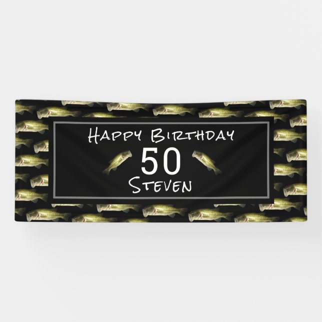 Bass Fishing 50. Geburtstag Schwarze Personalisier Banner (Horizontal)