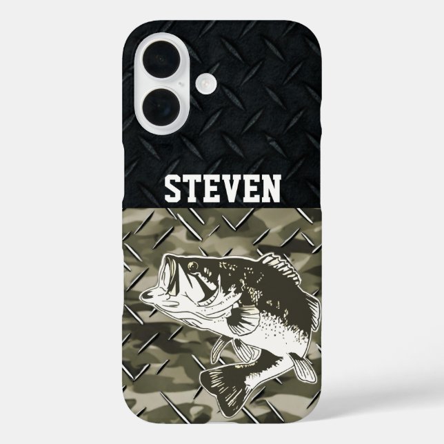 Bass Fishing Black Camouflage Diamond Plate Außenb iPhone 16 Hülle (Rückseite)