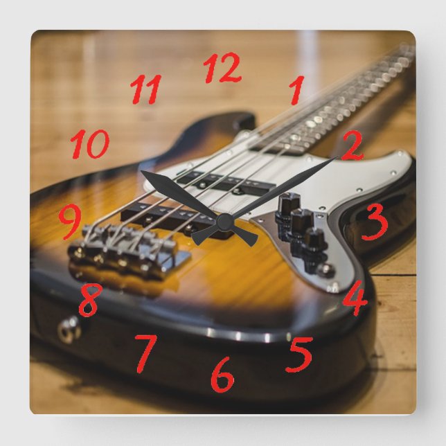 Bass Guitar Quadratische Wanduhr (Vorderseite)