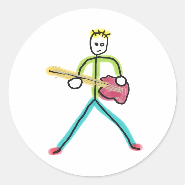 Bass Guitar Stickman Runder Aufkleber (Vorderseite)