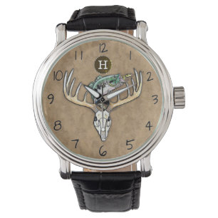 Bass Jumping über Big Rack Hirsch Skull Monogramm Armbanduhr