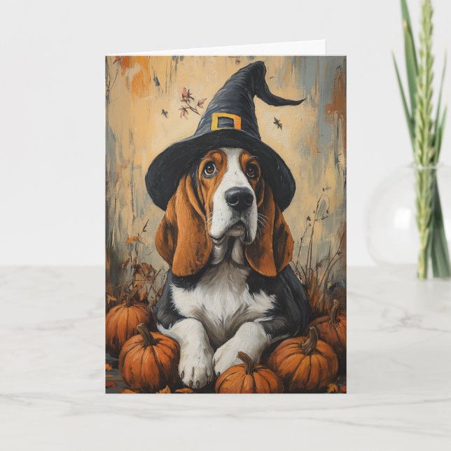 Basset Hexe Halloween Feiertagskarte (Vorderseite)