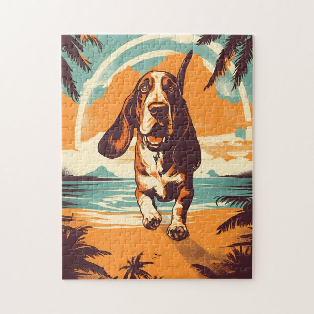 Basset Hound an einem tropischen Strand bei Sonnen (Vertikal)