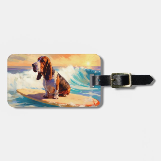 Basset Hound Beach Surfen Malerei Gepäckanhänger (Vorderseite horizontal)