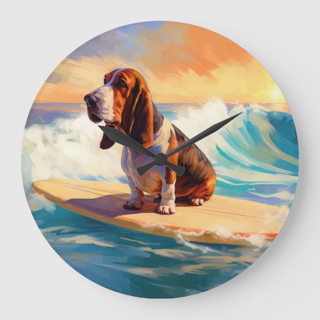 Basset Hound Beach Surfen Malerei Große Wanduhr (Vorderseite)