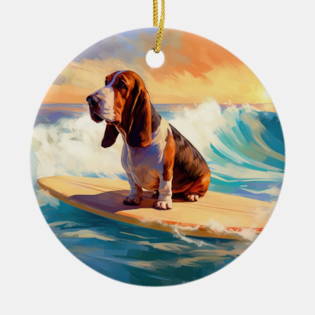 Basset Hound Beach Surfen Malerei Keramik Ornament (Vorne)