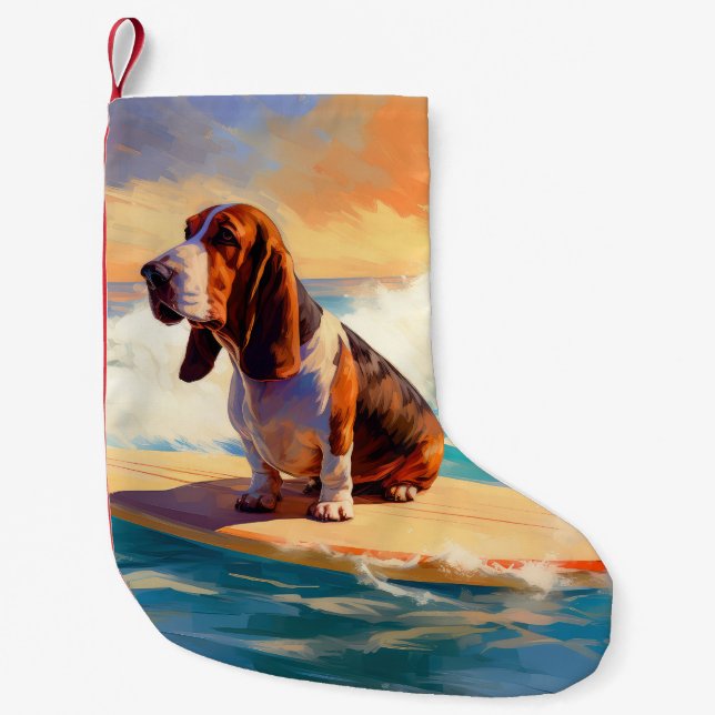 Basset Hound Beach Surfen Malerei Kleiner Weihnachtsstrumpf (Vorderseite)