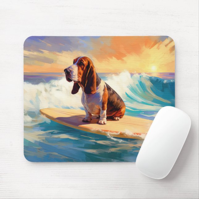 Basset Hound Beach Surfen Malerei Mousepad (Mit Mouse)