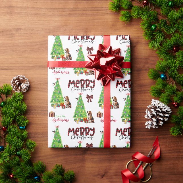Basset Hound, Bird und Weihnachtsbaum Geschenkpapier (Feiertagsgeschenk)