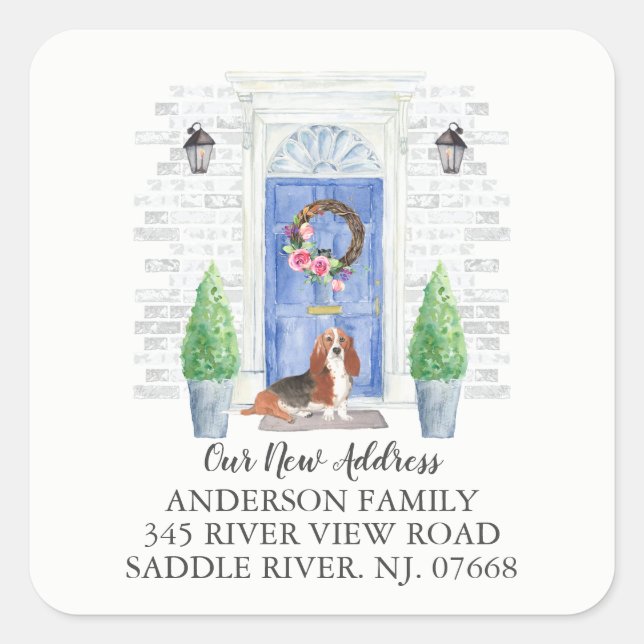 Basset Hound Blue Dose New Address Label Aufkleber (Vorderseite)