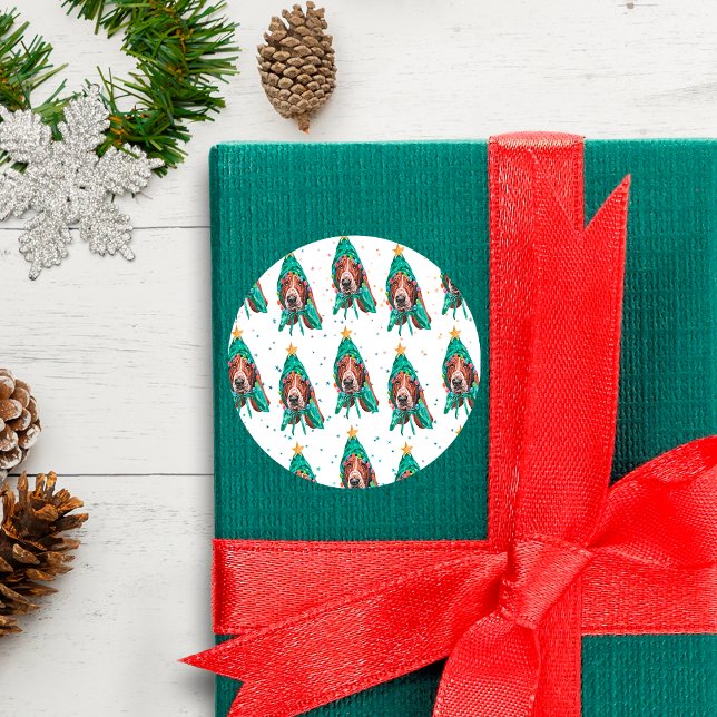 Basset Hound Breed Dog Pattern Sterne Weihnachten Runder Aufkleber (Von Creator hochgeladen)
